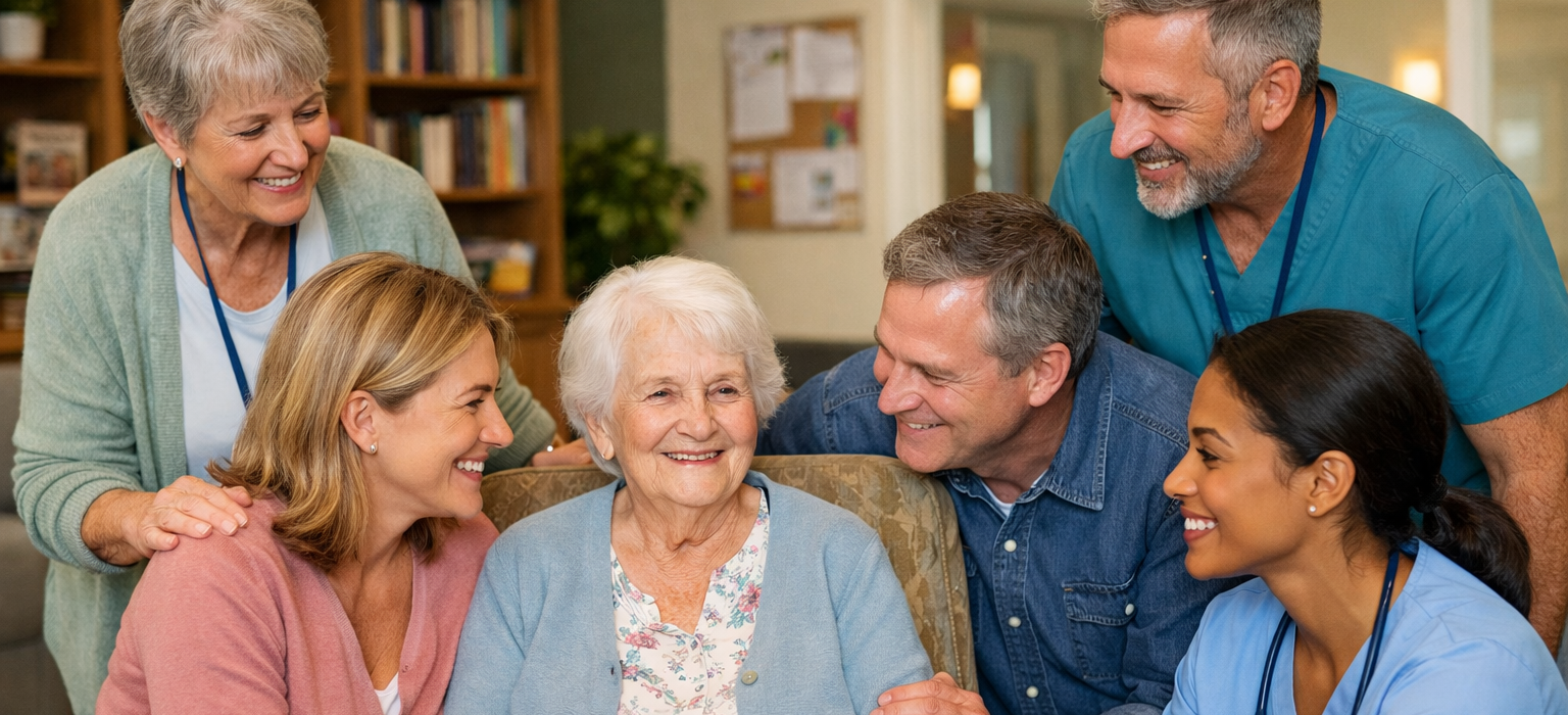 Care team and family smiling with client