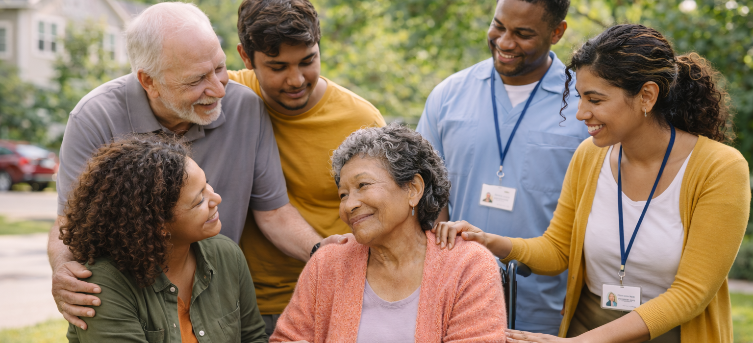 group of diverse people looking at each other and smiling