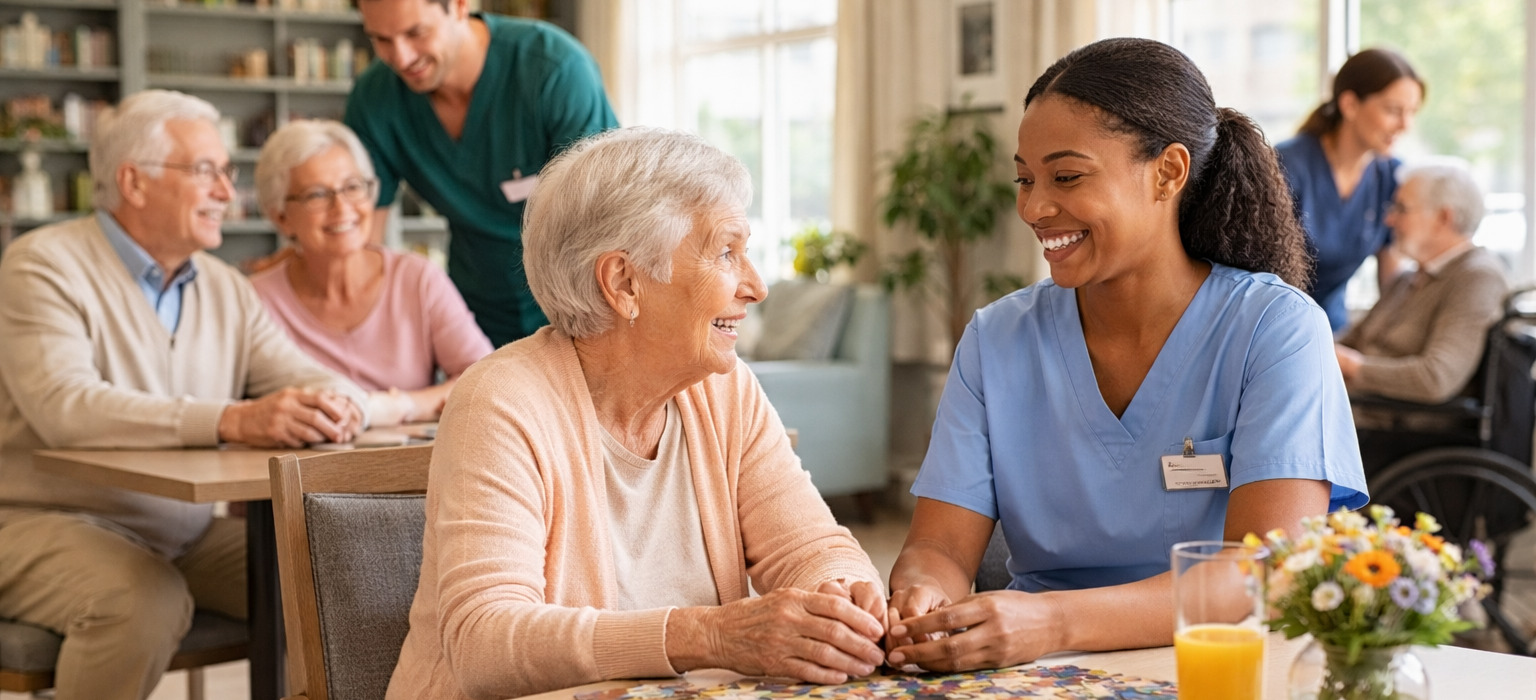 Care professionals sitting and smiling with clients at a long-term care organization